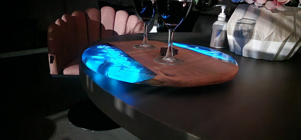 Sold out Glowing in dark epoxy resin cheese board with lazy Suzanne rotate 360 art camphor Lauren wood