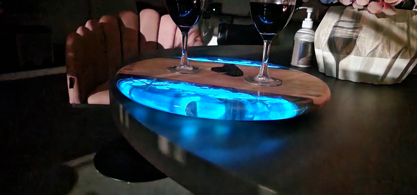 Sold out Glowing in dark epoxy resin cheese board with lazy Suzanne rotate 360 art camphor Lauren wood