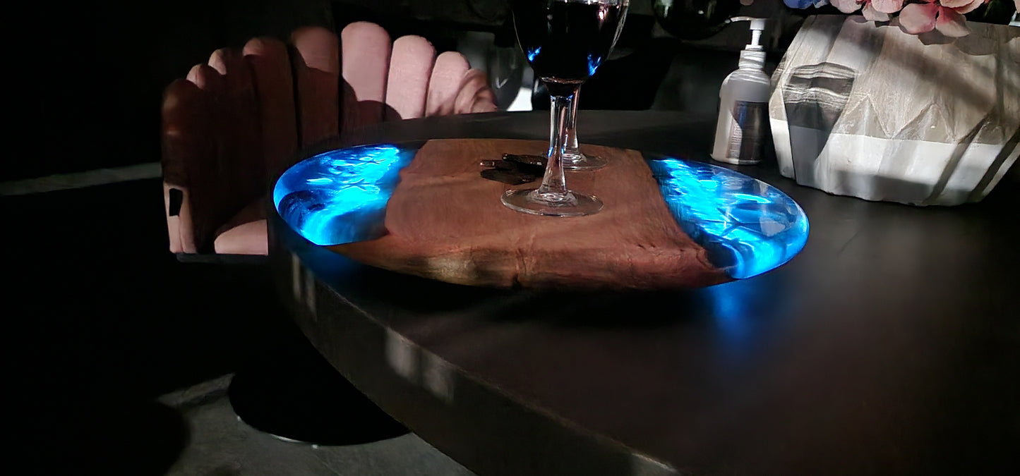 Sold out Glowing in dark epoxy resin cheese board with lazy Suzanne rotate 360 art camphor Lauren wood