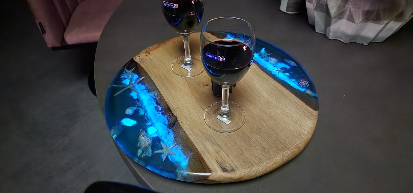 Sold out Glowing in dark epoxy resin cheese board with lazy Suzanne rotate 360 art camphor Lauren wood