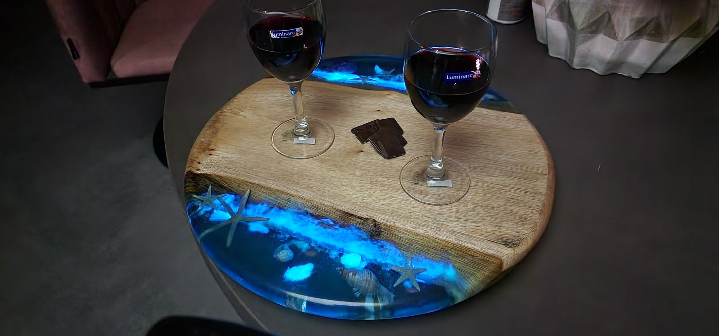 Sold out Glowing in dark epoxy resin cheese board with lazy Suzanne rotate 360 art camphor Lauren wood