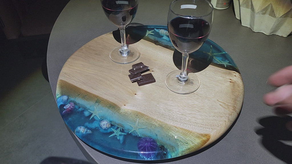 Sold out Glowing in dark epoxy resin cheese board with lazy Suzanne rotate 360 art camphor Lauren wood
